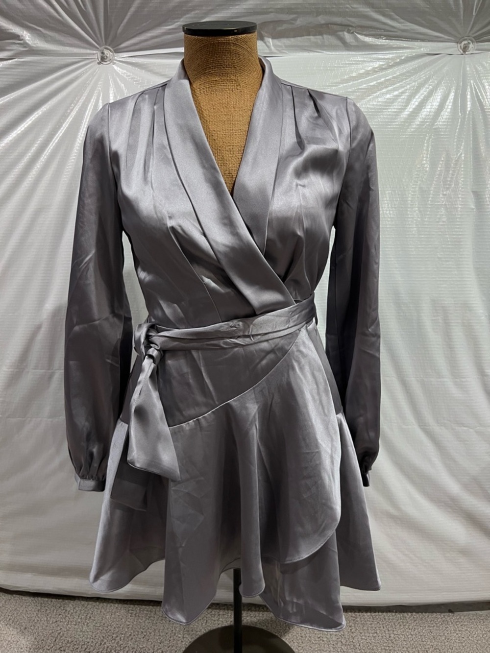 Lucy Paris Adoni Silver Pewter Wrap Dress Mini Women Sz Sm NWT $105 Long Sleeve